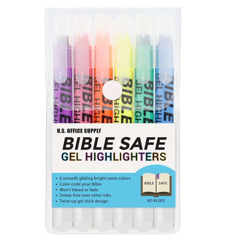 US Office Supply U.S. Office Supply Bible Safe Gel Highlighters  6 Pack Set - 6 Different Bright Neon Fluorescent Highlight Colors Yellow  Orange  Pink  Purple  Green  Blue - Won't Bleed  Fade or Smear - Study Guide - Image 1